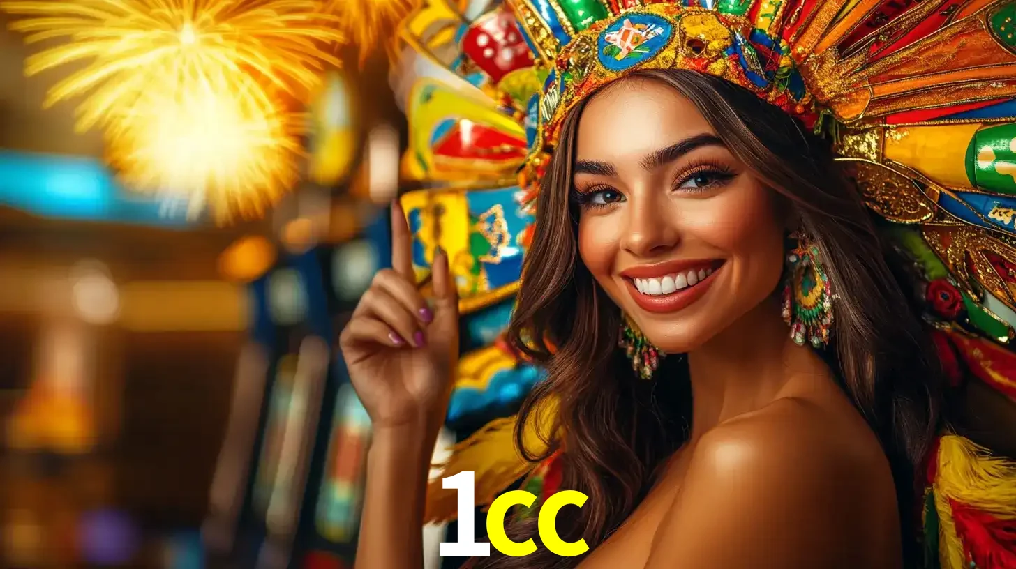 Mulher sorridente com um cocar de carnaval vibrante e colorido, celebrando uma grande vitória nos jogos do cassino 1cc com fogos de artifício ao fundo.