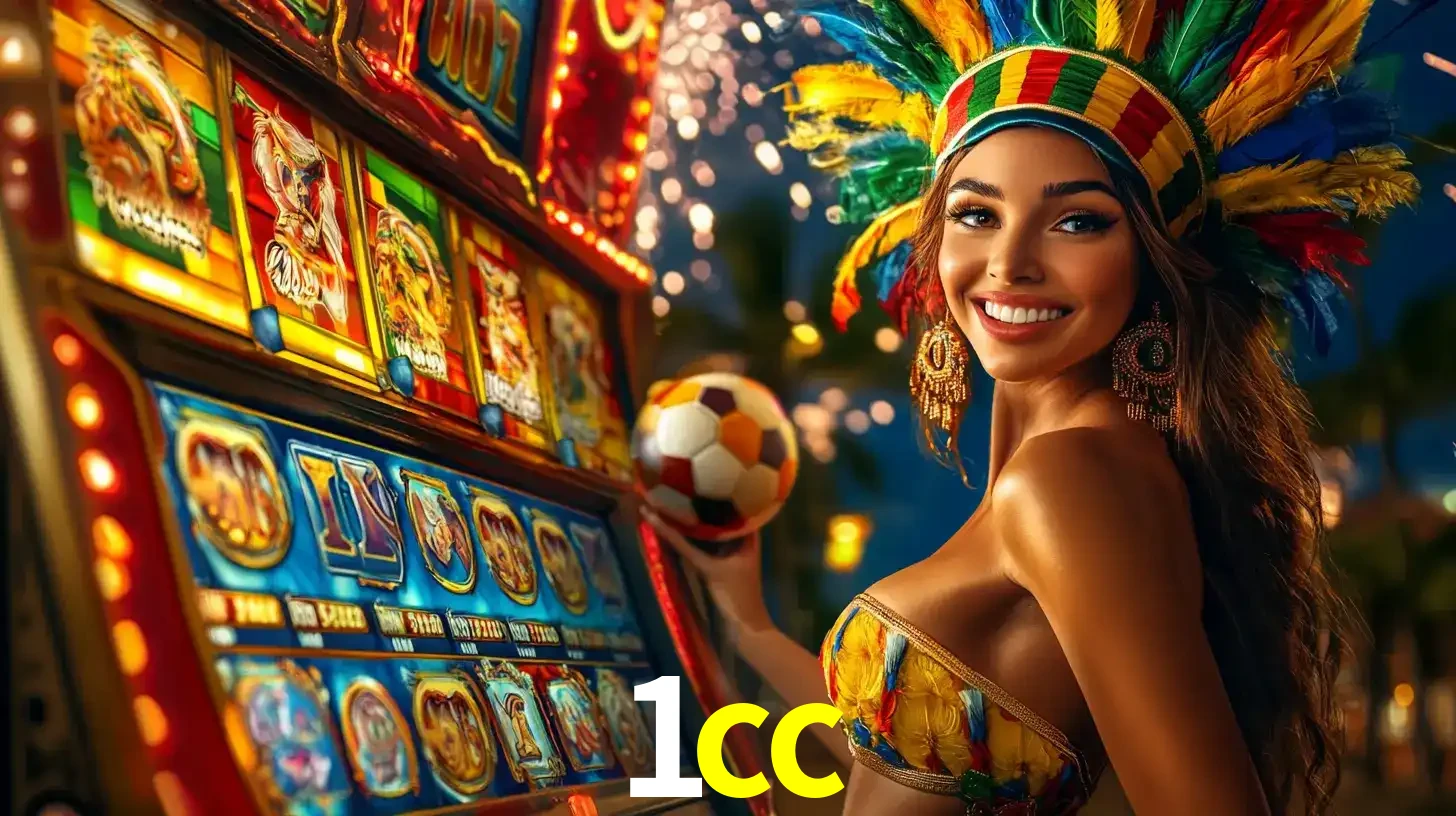 Mulher com um cocar de carnaval ao lado de uma máquina de caça-níqueis enquanto segura uma bola de futebol, mostrando a união da diversão de cassino e esportes no 1cc.