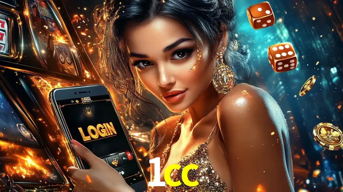 Mulher glamourosa segurando um celular com a tela de login do cassino 1cc, rodeada por dados e moedas douradas, pronta para começar a diversão.