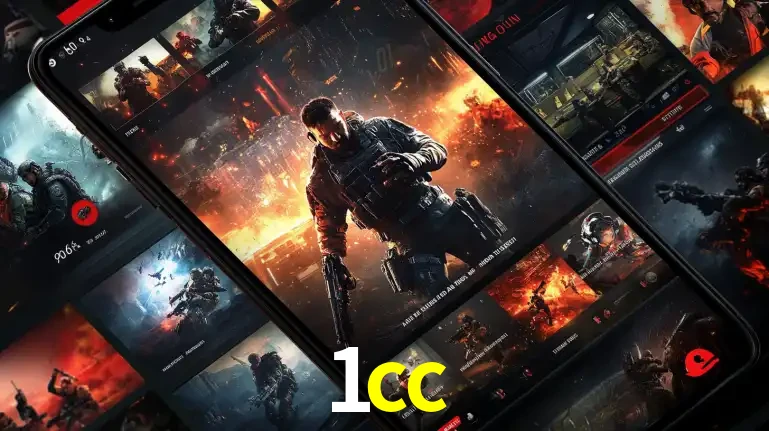 Tela de um celular exibindo uma galeria de jogos de tiro com temática militar, mostrando a variedade de e-sports disponíveis para apostas na plataforma de entretenimento 1cc.