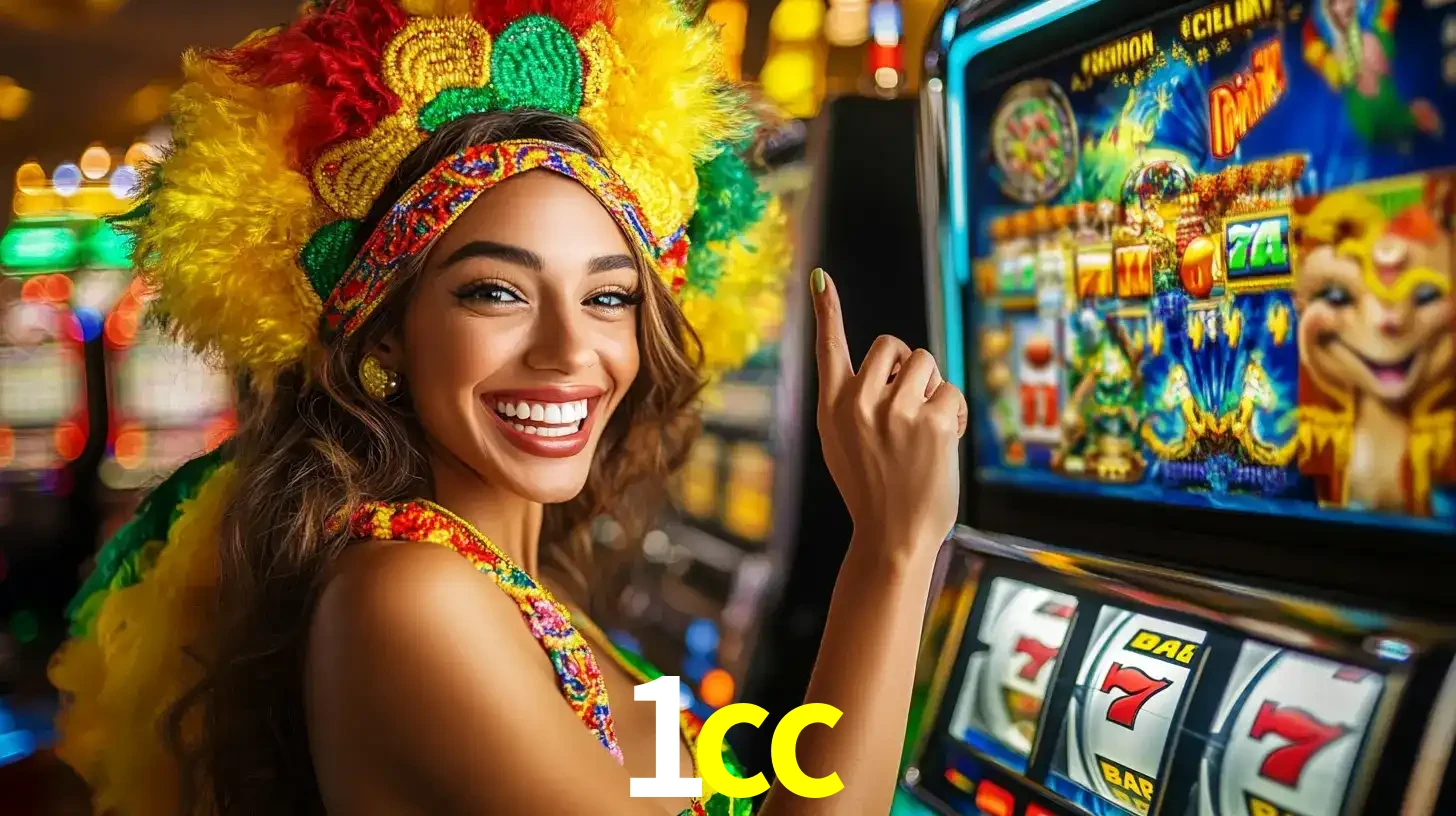 Mulher animada com um cocar de carnaval apontando para uma máquina de caça-níqueis, mostrando a emoção de ganhar um grande prêmio nos jogos do 1cc.