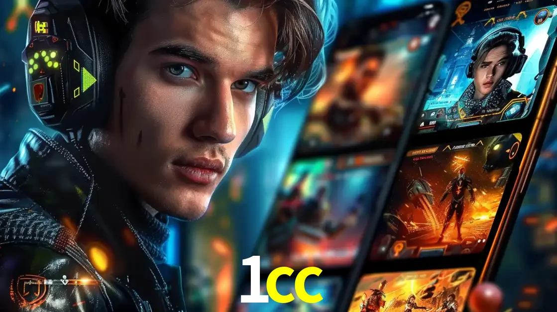 Jovem jogador com fones de ouvido olhando para a câmera, com um aplicativo de jogos e e-sports para celular ao fundo, pronto para a competição e apostas no 1cc.