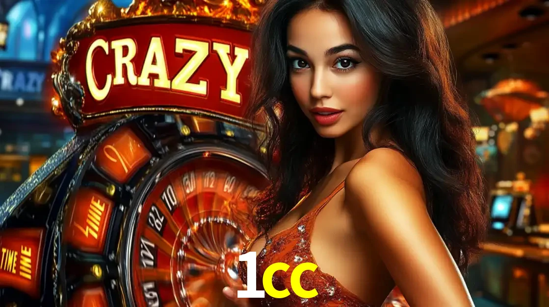 Mulher glamourosa olhando para a câmera com a roda vermelha do Crazy Time ao fundo em um ambiente de cassino, destacando a emoção dos jogos ao vivo no 1cc.