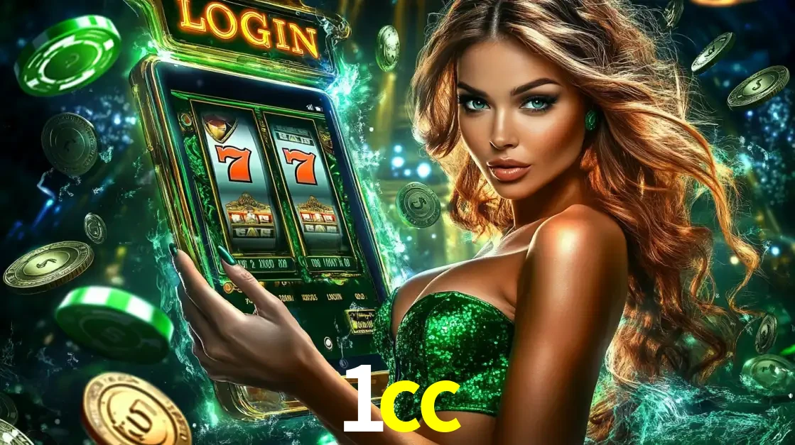 Mulher com tema verde apresentando o aplicativo do cassino 1cc com um jogo de slot de 777, cercada por fichas de cassino e uma aura de sorte.