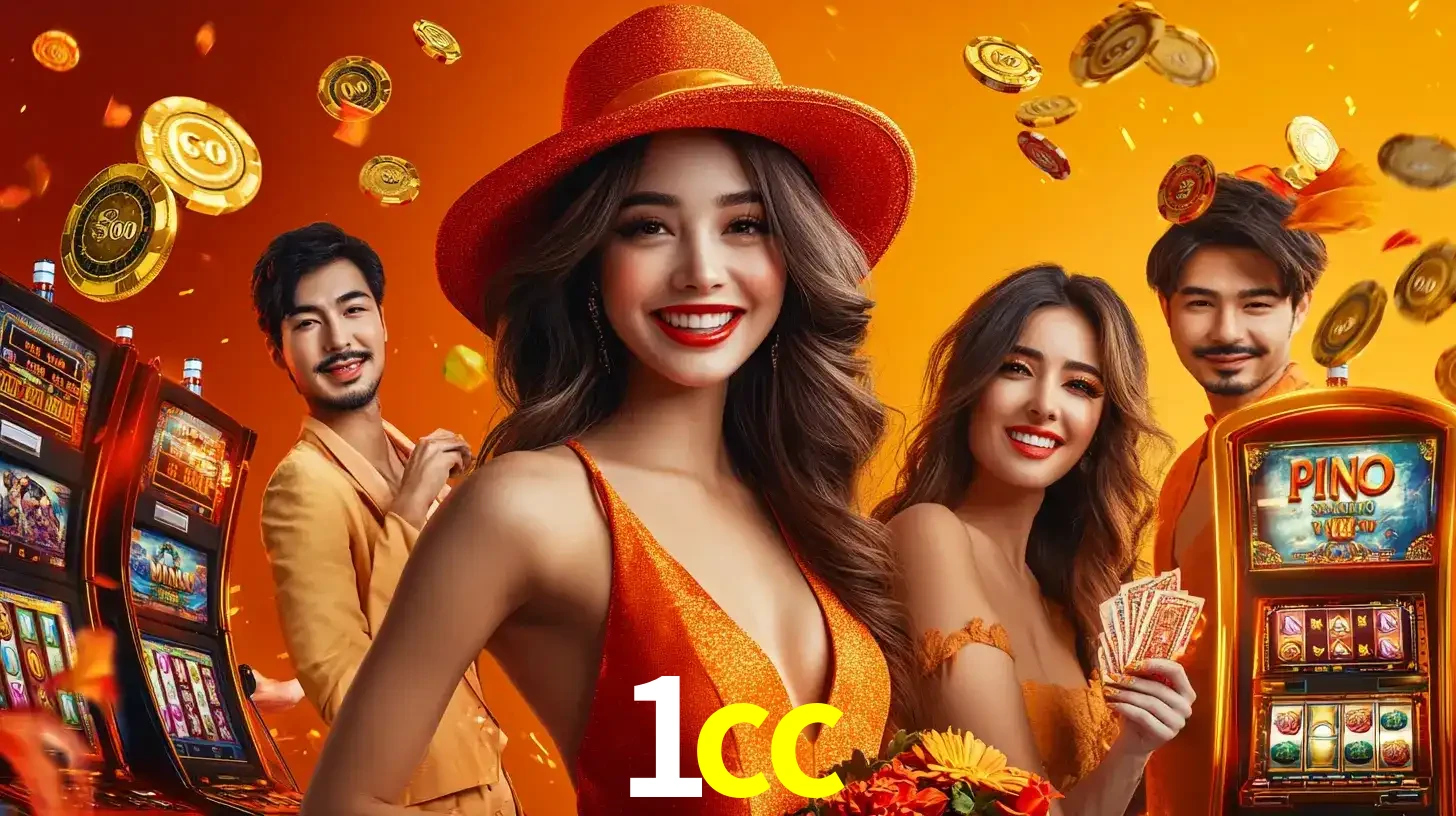Grupo de amigos asiáticos sorrindo e se divertindo com máquinas de caça-níqueis em um ambiente festivo, celebrando suas vitórias nos jogos de cassino do 1cc.