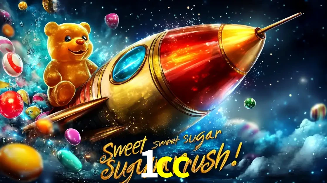 Arte promocional do jogo de slot Sugar Rush, com um urso de pelúcia em um foguete viajando pelo espaço de doces, um dos jogos divertidos disponíveis no cassino 1cc.