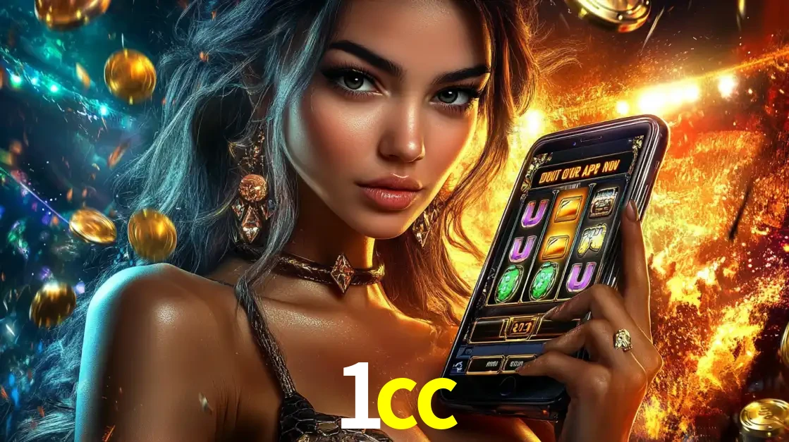 Mulher elegante mostrando um jogo de caça-níqueis em seu smartphone, destacando a experiência de cassino móvel oferecida pelo aplicativo 1cc.
