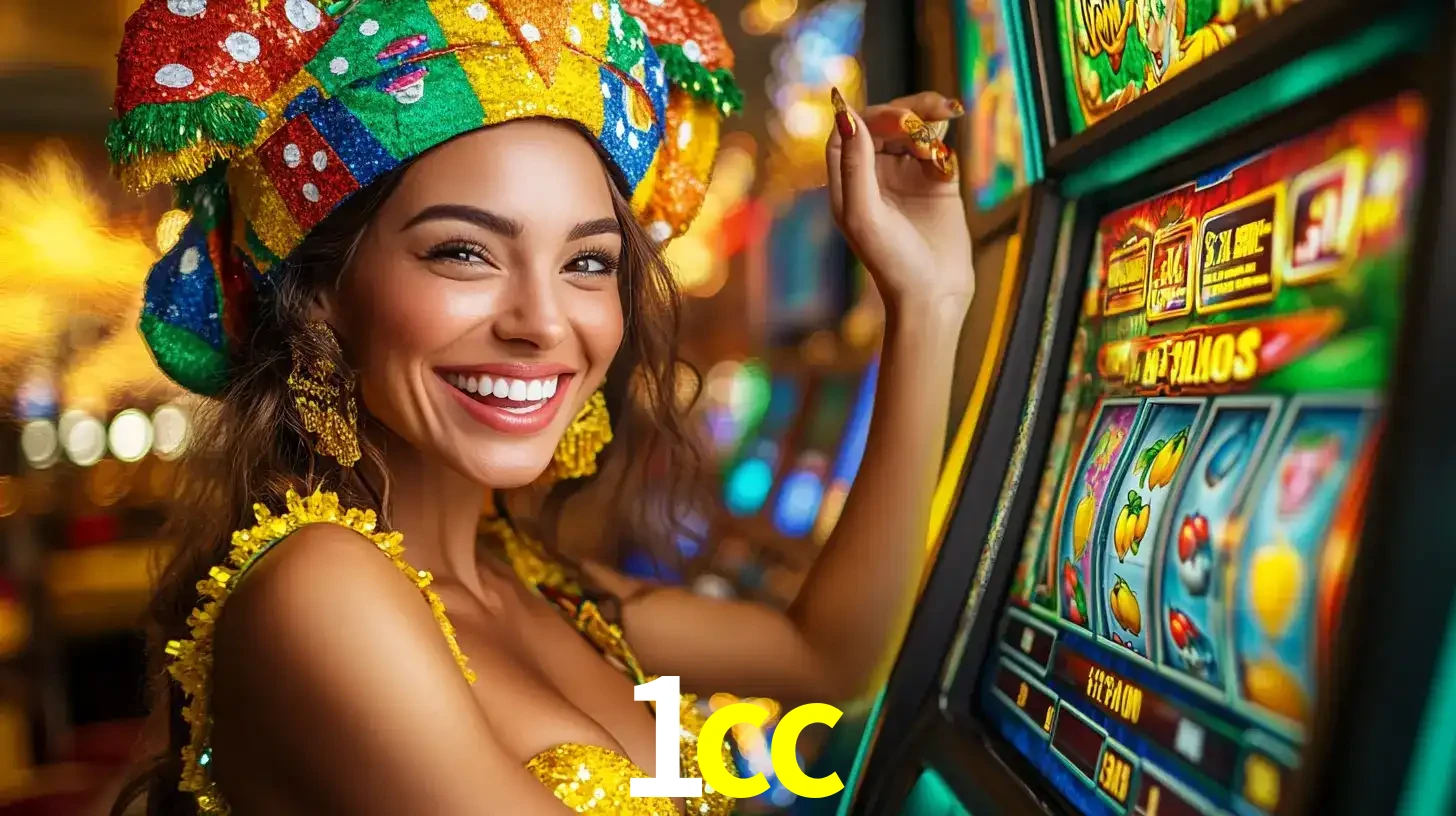 Mulher feliz com traje de carnaval amarelo e colorido ao lado de uma máquina de caça-níqueis, aproveitando a diversão e os jogos temáticos do cassino 1cc.