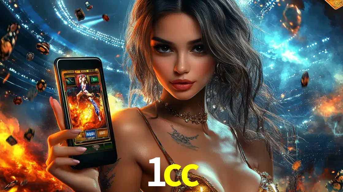 Mulher segurando um celular com um jogo de slot em destaque, tendo como fundo um estádio vibrante, simbolizando a emoção de jogar no cassino móvel 1cc.