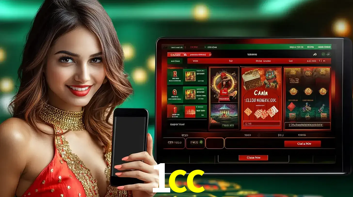 Mulher sorridente segurando um smartphone, ao lado de uma tela exibindo o lobby de jogos do cassino online 1cc, com várias opções de jogos de cartas e slots.